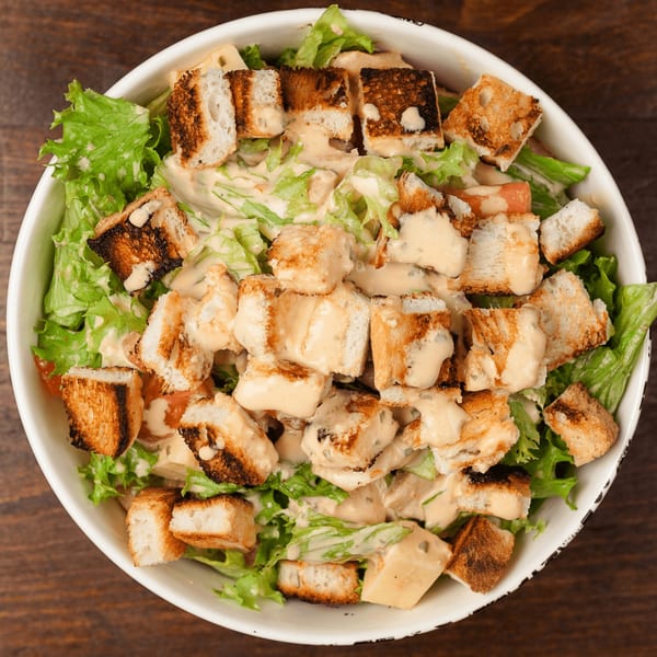Overhead view of a Caesar salad with lettuce, croutons, and dressing in a white bowl.