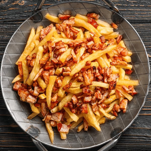A metal platter filled with golden french fries topped with crispy bacon bits.