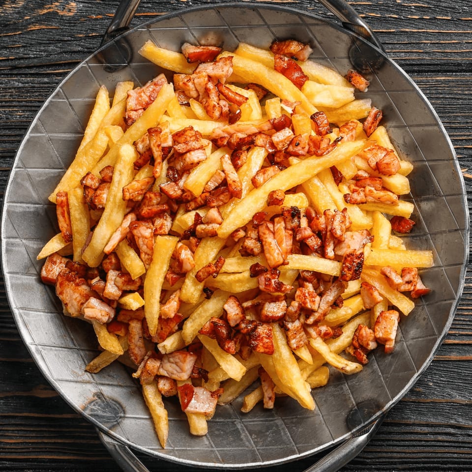 A metal platter filled with golden french fries topped with crispy bacon bits.